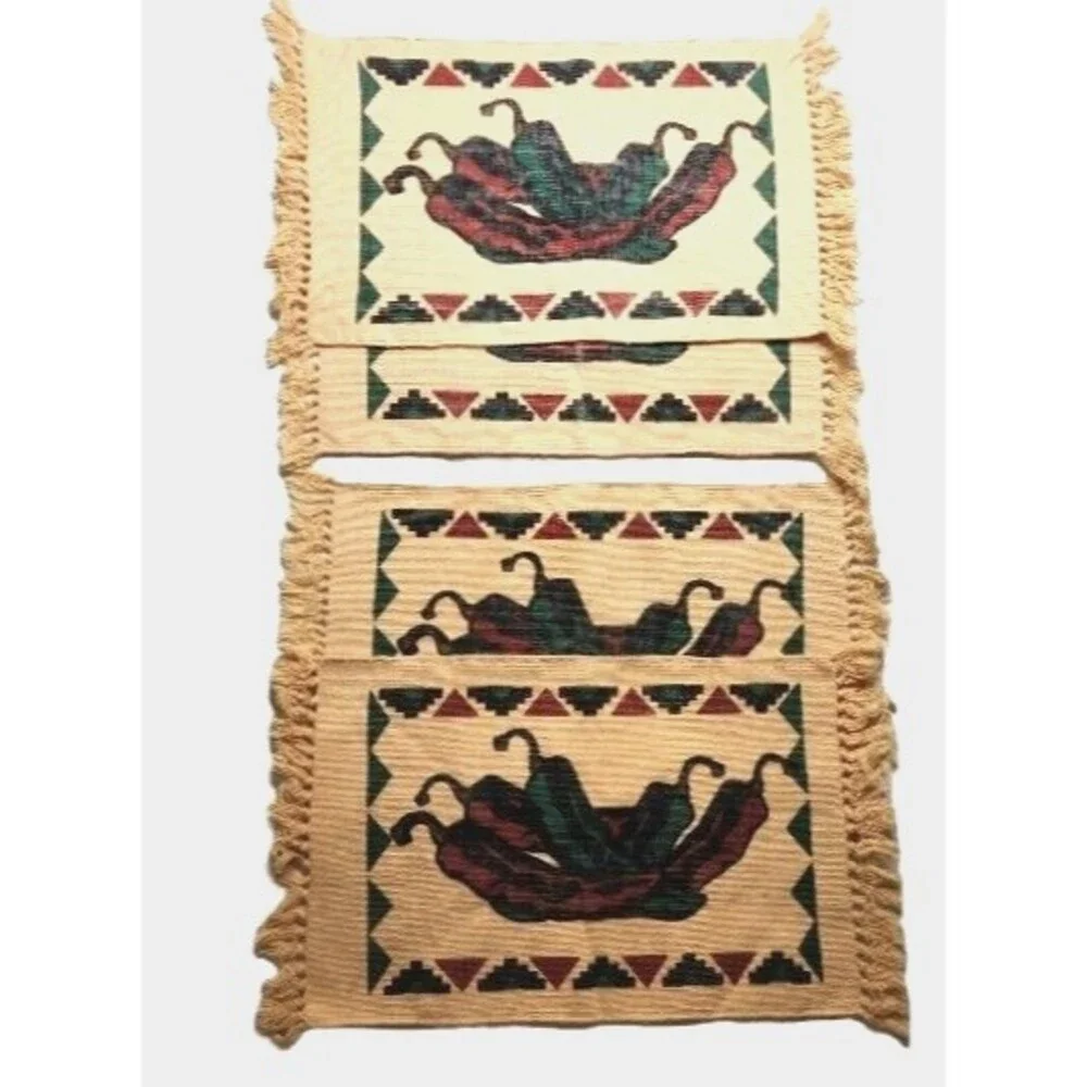 Southwest Peppers Placemats Set X 4 Coarse Weave Beige Cotton Rustic Western